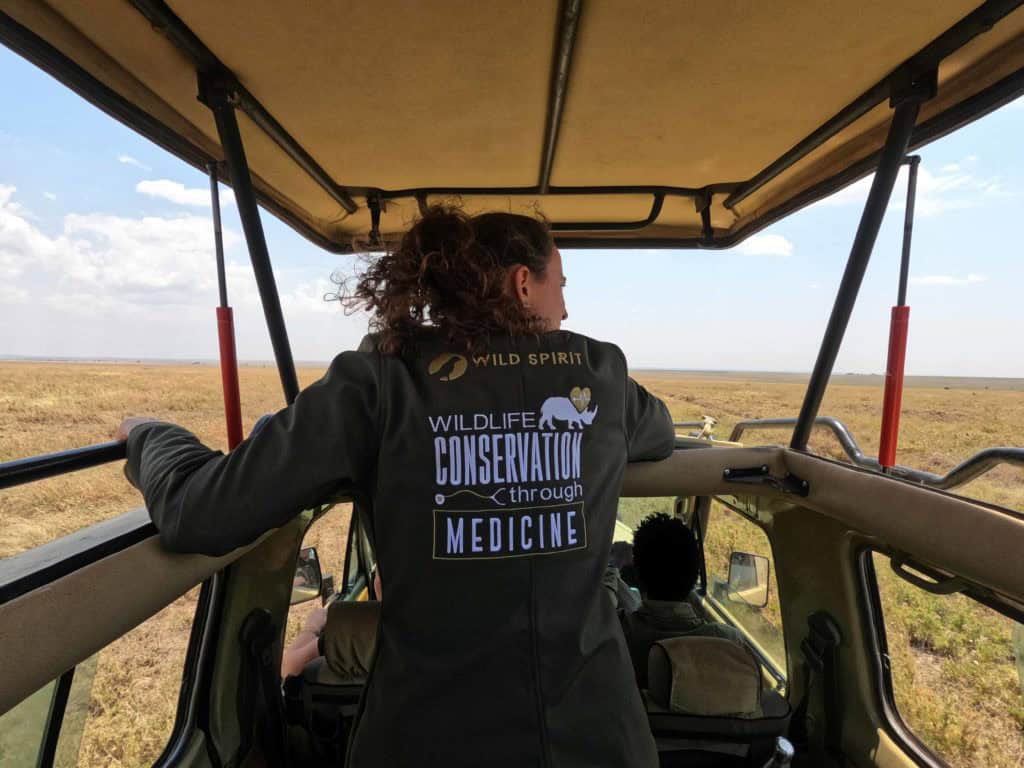 Vista desde la parte trasera del coche 4x4 con el techo levantado, y con vistas del Serengueti